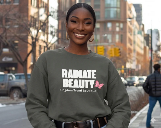 Radiate Beauty Sweatshirt — "Radiate Beauty" Graphic Crewneck with Pink Butterfly